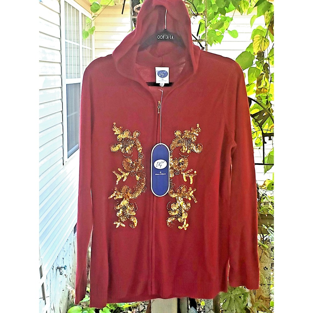 NWT DG2 Diane Gilman Sequin Front Full Zip Sweater Brick Red  XL Hooded Cardigan